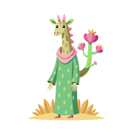 Giraffe in Traditional Clothing with Cactus: A Whimsical Animal Illustrationのイラスト素材
