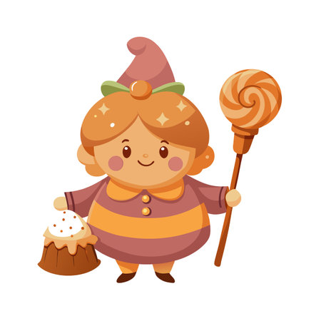 Cute Candy Elf with Lollipop and Cake Illustration for Children's Contentのイラスト素材