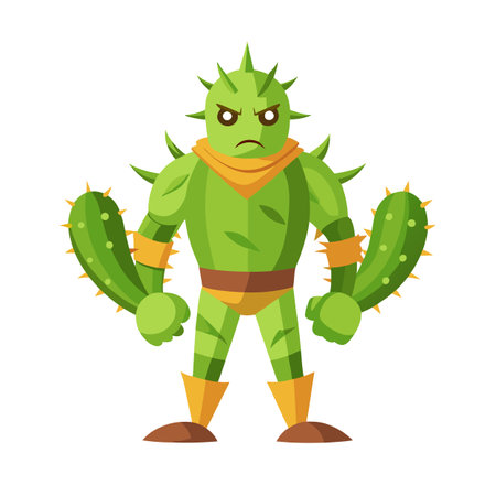 Cactus Monster Character Design with Spikes, Desert Warrior, Cartoon Style Illustrationのイラスト素材