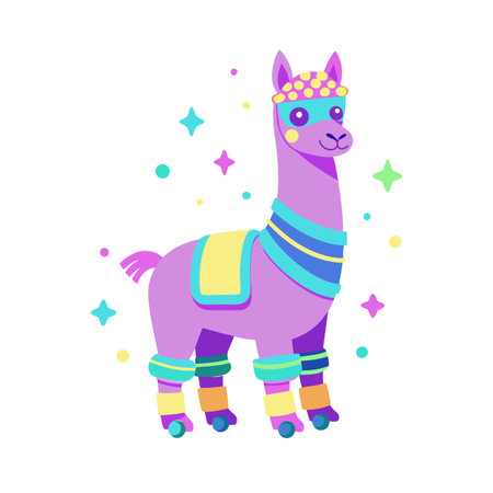 Colorful Roller Skating Llama Illustration - Fun, Cartoon Style for Kidsのイラスト素材