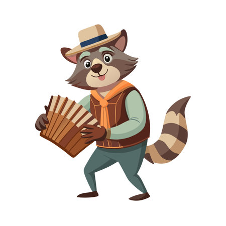 Funny Raccoon Playing Accordion, Wearing Hat and Vest, Vector Cartoon Characterのイラスト素材