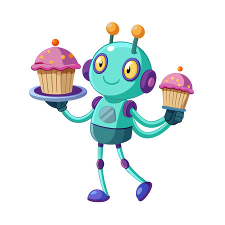 Cute Cartoon Robot Serving Cupcakes, Space Adventure, Baking and Future Conceptsのイラスト素材