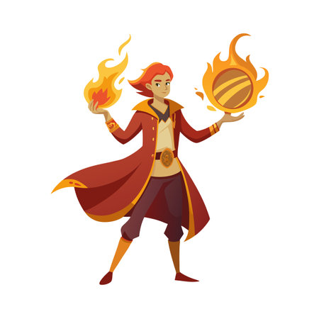 Fantasy Fire Mage Character Casting Spell with Fiery Orb and Flamesのイラスト素材