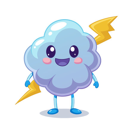 Cartoon Cloud Character with Lightning, Cute Weather Mascot Illustration, Vector Designのイラスト素材