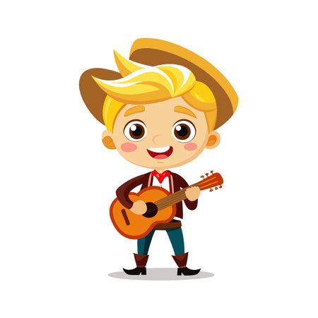 Cartoon Cowboy Boy Playing Guitar, Country Music Performer, Isolated on Whiteのイラスト素材