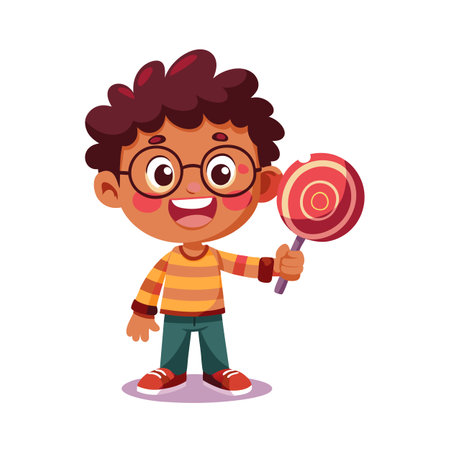 Cartoon Boy with Lollipop: Smiling Child Holding Candy Illustrationのイラスト素材