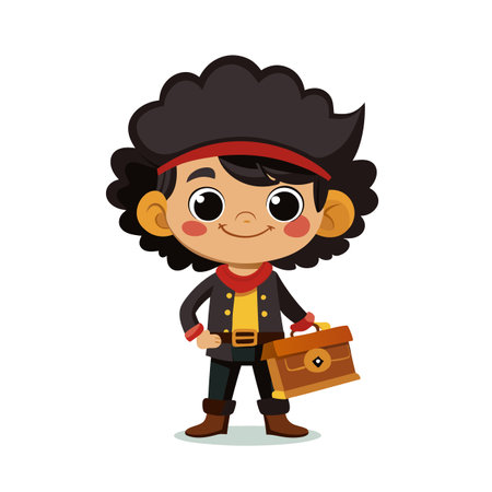 Cute Cartoon Pirate Boy with Treasure Chest Illustration, Isolated on Whiteのイラスト素材
