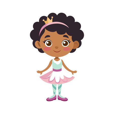 Cute African American Ballerina Princess Cartoon Character Illustration on Whiteのイラスト素材