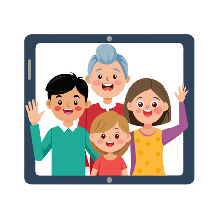 Family Video Call on Tablet: Cartoon Characters Waving and Smilingのイラスト素材