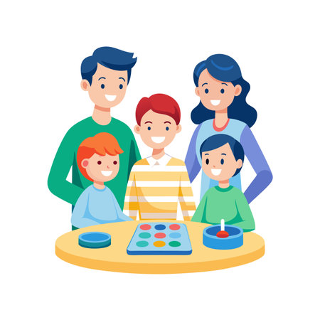 Happy Family Playing Board Game Together at Home, Vector Illustrationのイラスト素材