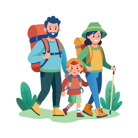 Cartoon family hiking together with backpacks in nature illustration graphic artのイラスト素材