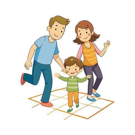 Happy Cartoon Family Playing Together on a Grid, Parent, Child, Funのイラスト素材