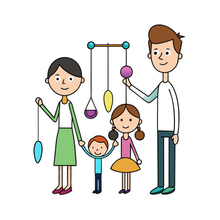 Cartoon Family Playing with Mobile: Parents, Daughter, Son, and Happy Bondingのイラスト素材