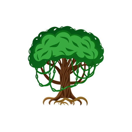 Cartoon Tree with Vines: Isolated, Lush Green Foliage, Forest Elementのイラスト素材