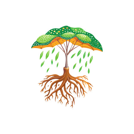 Unique Tree with Umbrella-Shaped Canopy and Falling Leaves Isolated on White Backgroundのイラスト素材