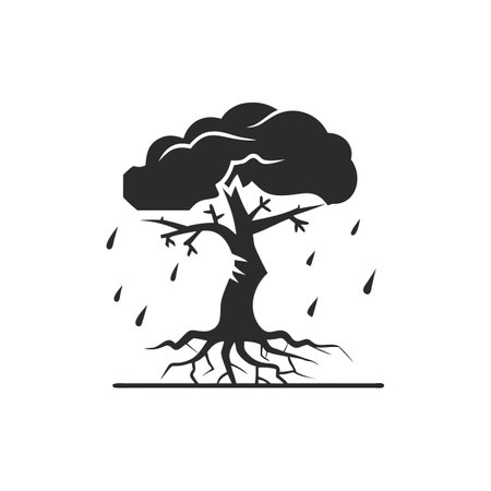 Monochrome Tree in Rain Illustration: Climate Change, Deforestation Conceptのイラスト素材