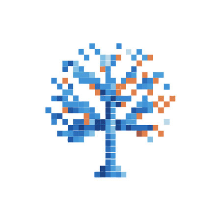 Abstract Pixelated Tree: Blue and Orange Digital Illustration on White Backgroundのイラスト素材