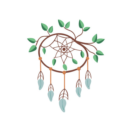 Boho Chic: Dream Catcher Adorned with Greenery and Blue Feathers Illustrationのイラスト素材