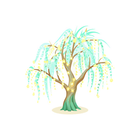 Magical Willow Tree with Lights Illustration, Fairy Tale Fantasy Designのイラスト素材