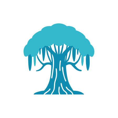 Stylized Banyan Tree Illustration in Blue and White - Nature Iconのイラスト素材