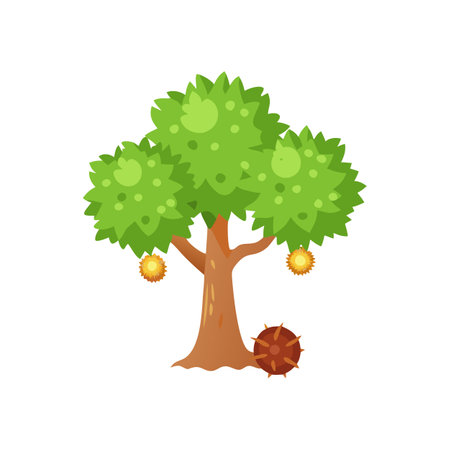 Cute Cartoon Tree with Fruits and Spiky Seed Pod Vector Illustrationのイラスト素材