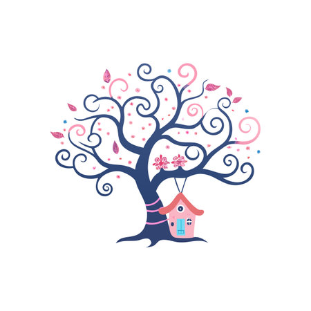 Whimsical tree with pink blossoms and a birdhouse on a white background.のイラスト素材