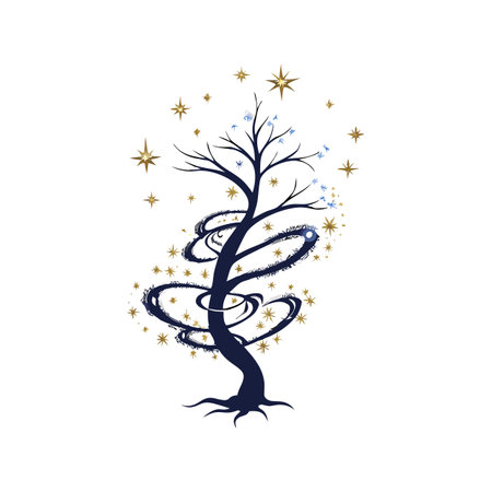 Stylized Tree with Stars and Ornate Swirls Design Illustrationのイラスト素材