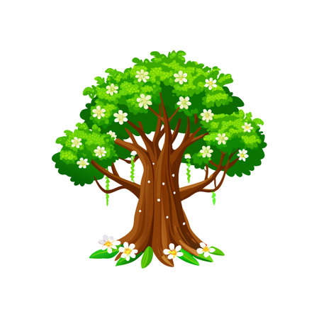 Cartoon flowering tree with white blossoms and a sturdy brown trunkのイラスト素材