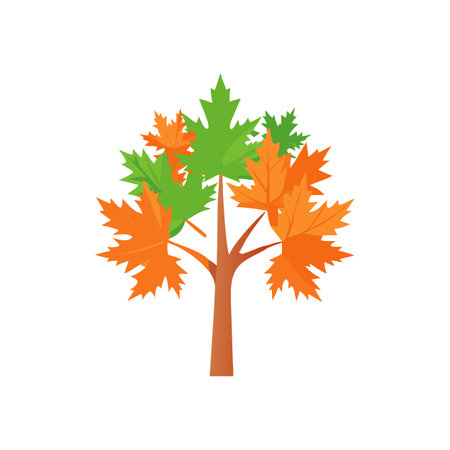 Cartoon Flat Tree with Green and Orange Leaves on White Backgroundのイラスト素材