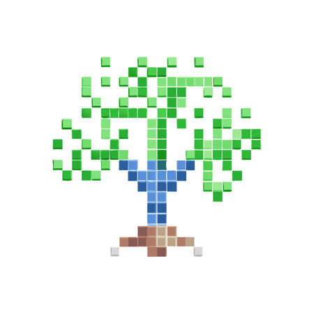 Pixel Art Tree: Green Leaves, Blue Trunk, Brown Base, Nature, Isolated on Whiteのイラスト素材