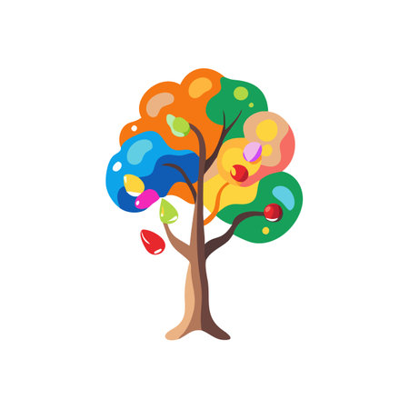 Whimsical Colorful Tree Illustration with Diverse Leaf Shapes and Fruit Detailのイラスト素材