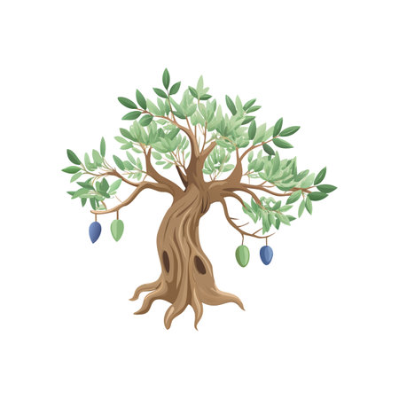 Cartoon Olive Tree with Ripe and Unripe Olives Isolated on Whiteのイラスト素材