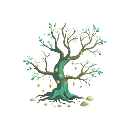 Stylized Fantasy Tree with Jewels and Leaves on White Backgroundのイラスト素材