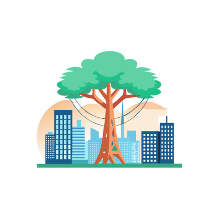 Cityscape with Geometric Buildings and Tree Silhouette Design Illustrationのイラスト素材