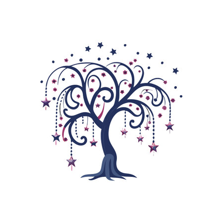 Stylized Tree with Stars, Whimsical Design, Illustration, Night Sky, and Magical Themeのイラスト素材