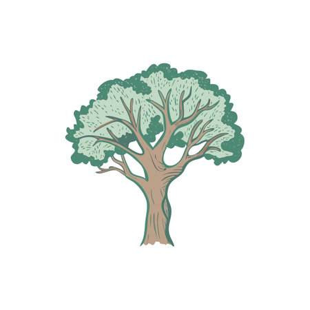 Cartoon Tree Illustration: Stylized Tree with Green Leaves and Brown Trunkのイラスト素材
