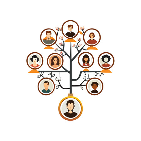 Stylized Family Tree Graphic Showing Generations and Diversity in Circle Framesのイラスト素材