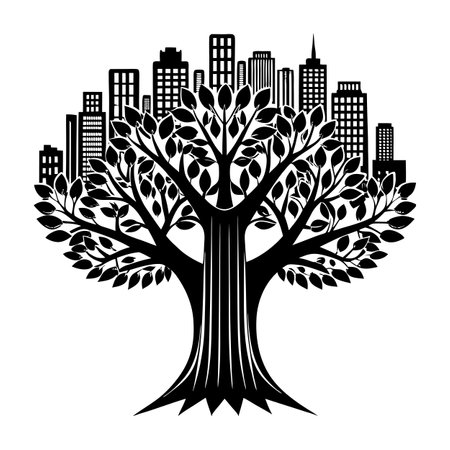 Urban Harmony: Tree and Cityscape Icon for Eco-Friendly Development and Sustainabilityのイラスト素材