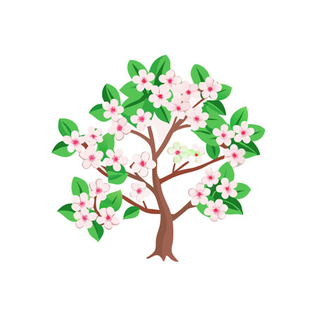 Blooming Cherry Tree Illustration with Pink Blossoms and Green Leavesのイラスト素材