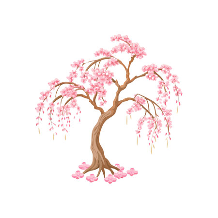 Beautiful Weeping Cherry Tree Illustration with Pink Blossoms on a White Backgroundのイラスト素材