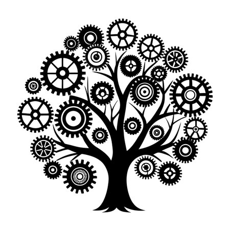 Gear Tree Illustration: Innovation, Technology, Growth, and Mechanical Symbolismのイラスト素材