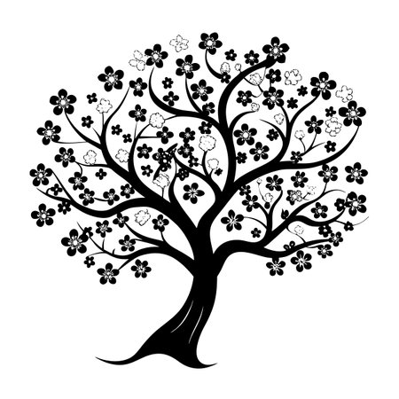 Stylized Blossom Tree Silhouette with Flowers and Buds, Black and Whiteのイラスト素材
