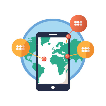 Global App Development: Mobile App Interface with World Map and Navigation Dotsのイラスト素材