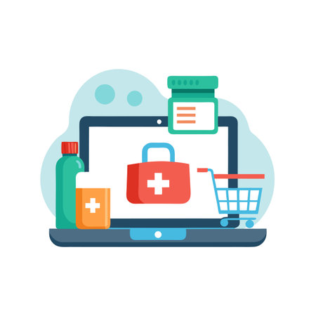 Online Pharmacy Concept: Laptop, Medicine, and Shopping Cart Illustrationのイラスト素材