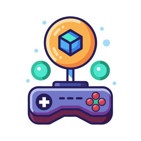 VR Game Controller Illustration with Metaverse Cube and Cute Design Elements
