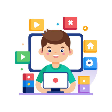 Child Learning Online: Cartoon Boy Using Laptop with App Icons Aroundのイラスト素材