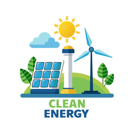 Clean Energy Concept: Solar Panel, Wind Turbine, and Sustainable Future Illustrationのイラスト素材