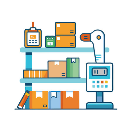 Warehouse Shelves with Boxes and Digital Scale, Cartoon Illustration Styleのイラスト素材