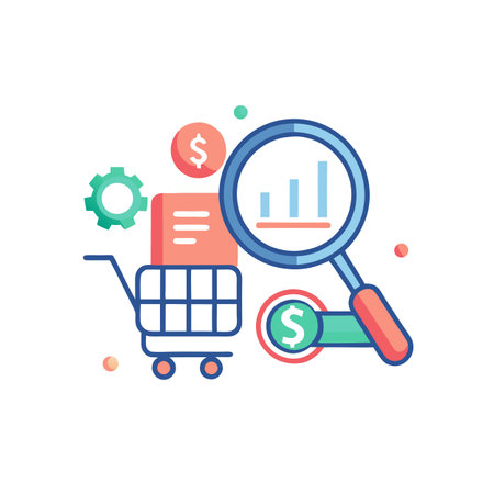 E-Commerce Analytics Illustration: Shopping Cart, Magnifying Glass, and Financial Data Analysisのイラスト素材