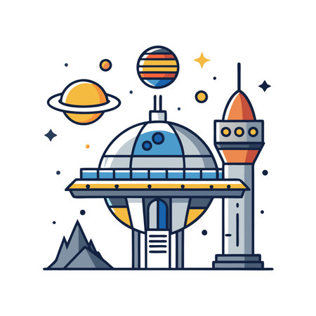 Futuristic Cityscape Illustration with Planets and Stars for Sci-Fi and Designのイラスト素材